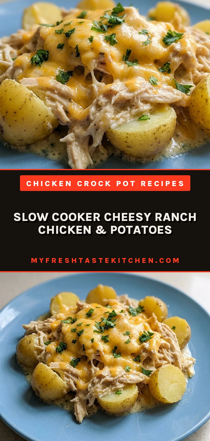 Bird's-eye view of chicken thighs and baby potatoes coated in creamy ranch sauce with melted cheddar cheese.