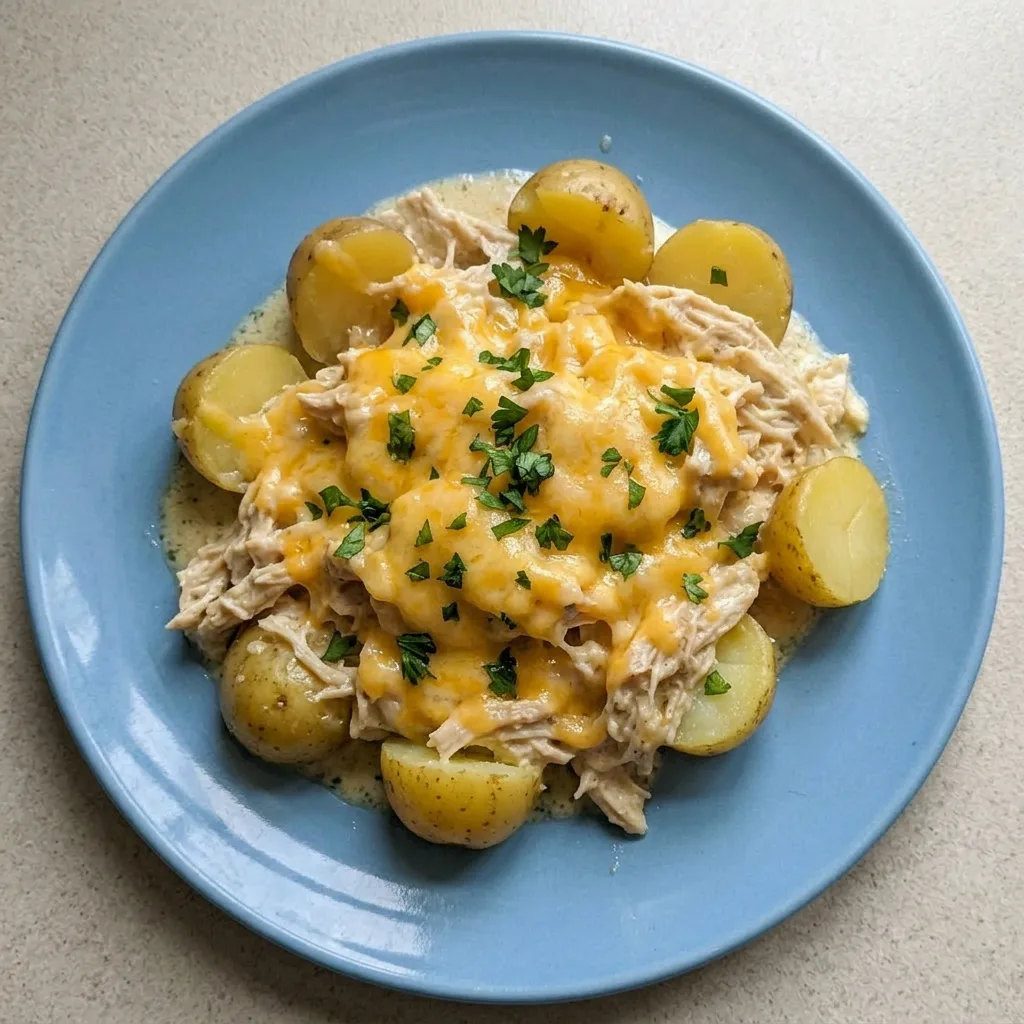 Ready to serve: a generous portion of saucy chicken and potatoes topped with golden melted cheddar.