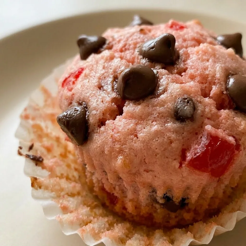 Up close, a muffin with a domed top studded with dark chocolate chips and bright red cherry chunks, slightly golden.