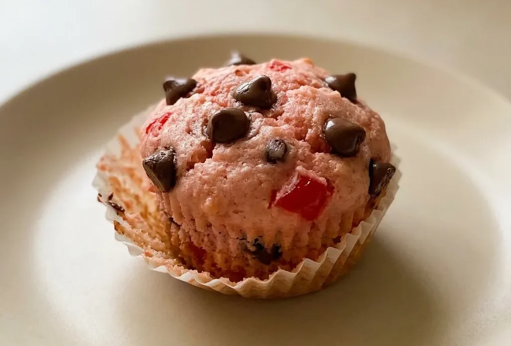 Looking down at a dozen cherry chocolate chip muffins arranged in a circle, each with visible cherry pieces and chocolate chips.