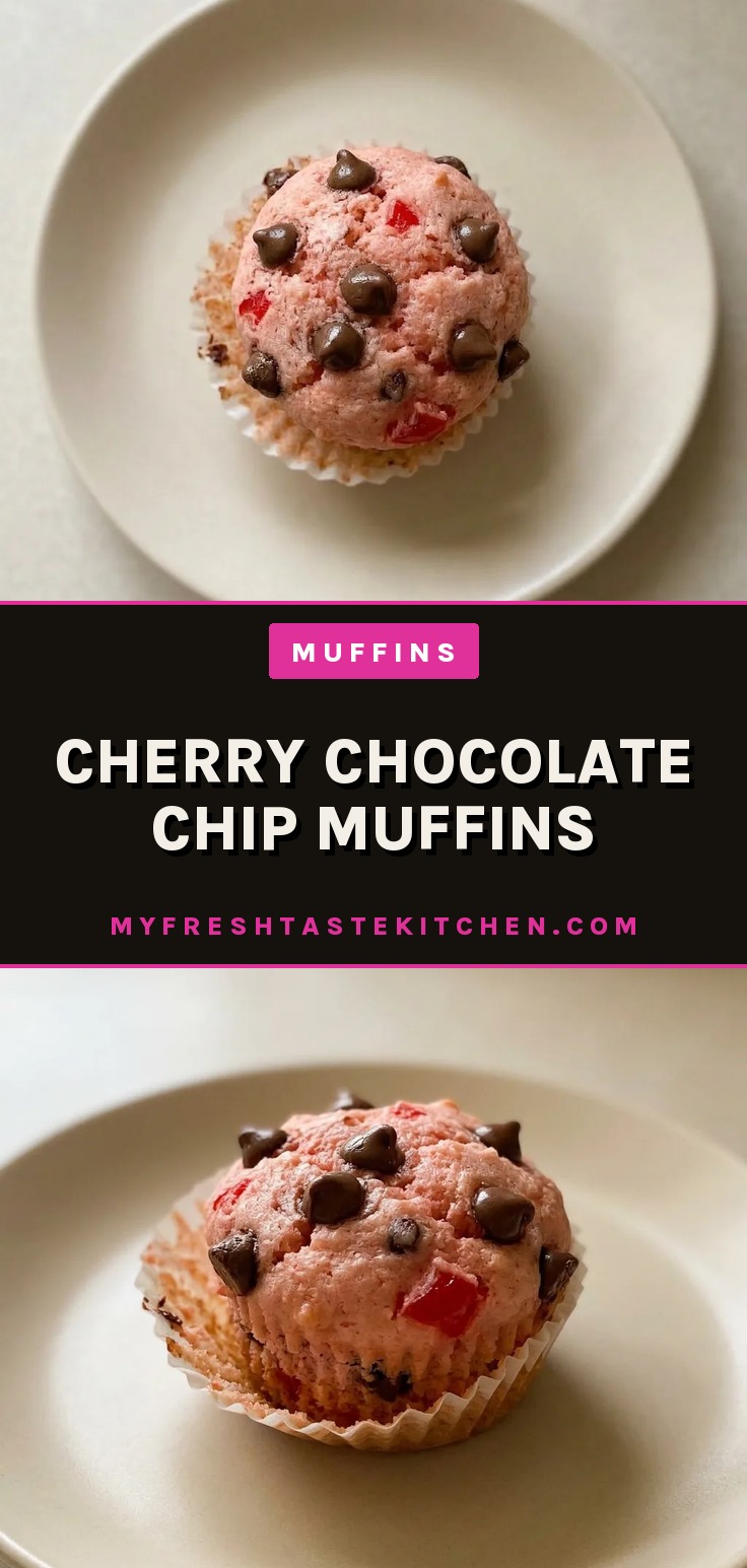 Looking down at a dozen cherry chocolate chip muffins arranged in a circle, each with visible cherry pieces and chocolate chips.