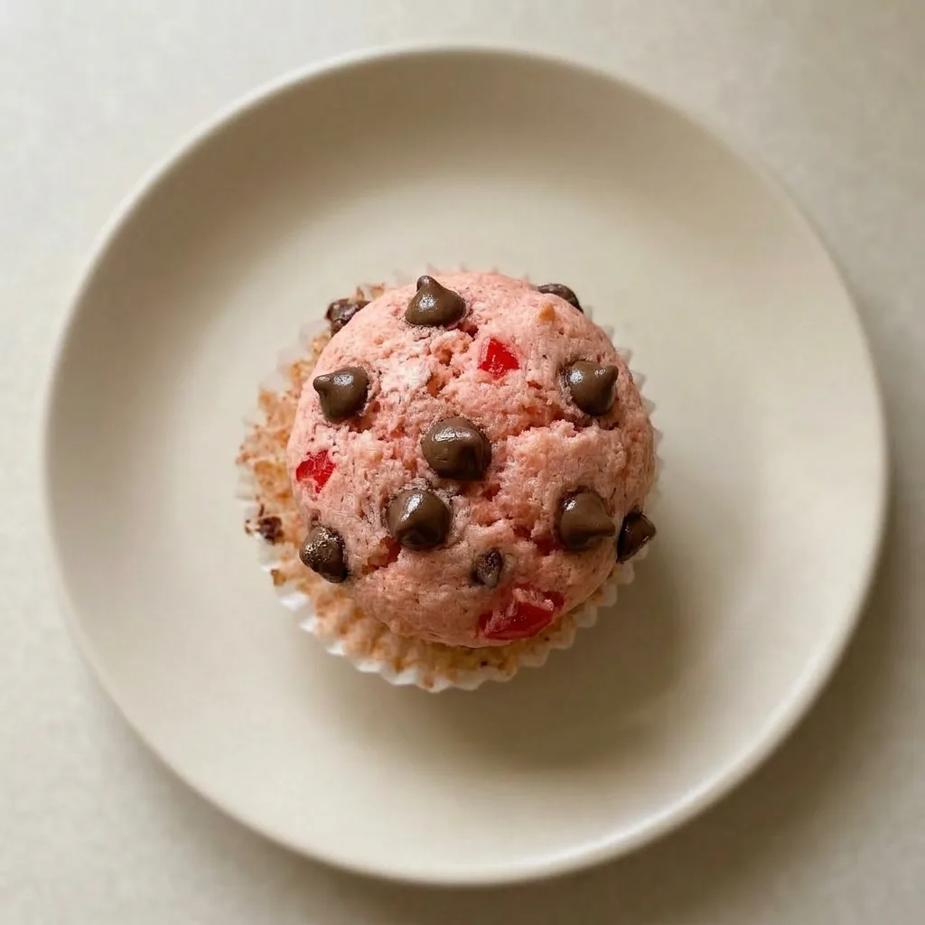 A plate of three cherry chocolate chip muffins, one cut in half revealing a moist crumb with cherries and chips.