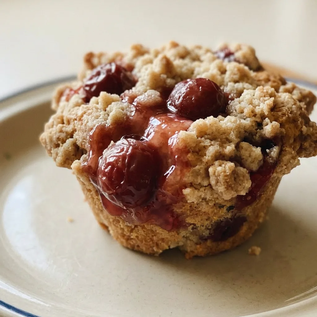 Up close, a golden-brown muffin with visible cherry pieces and butter flakes in the crumb topping.