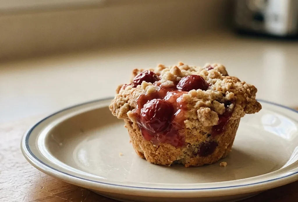 Looking down at a round muffin with a cherry filling center and a cinnamon-sugar crumb topping.