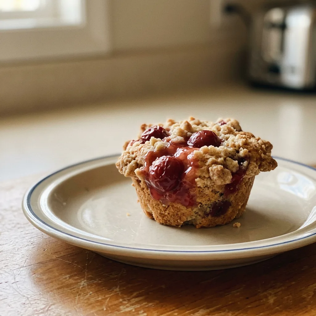Looking down at a round muffin with a cherry filling center and a cinnamon-sugar crumb topping.
