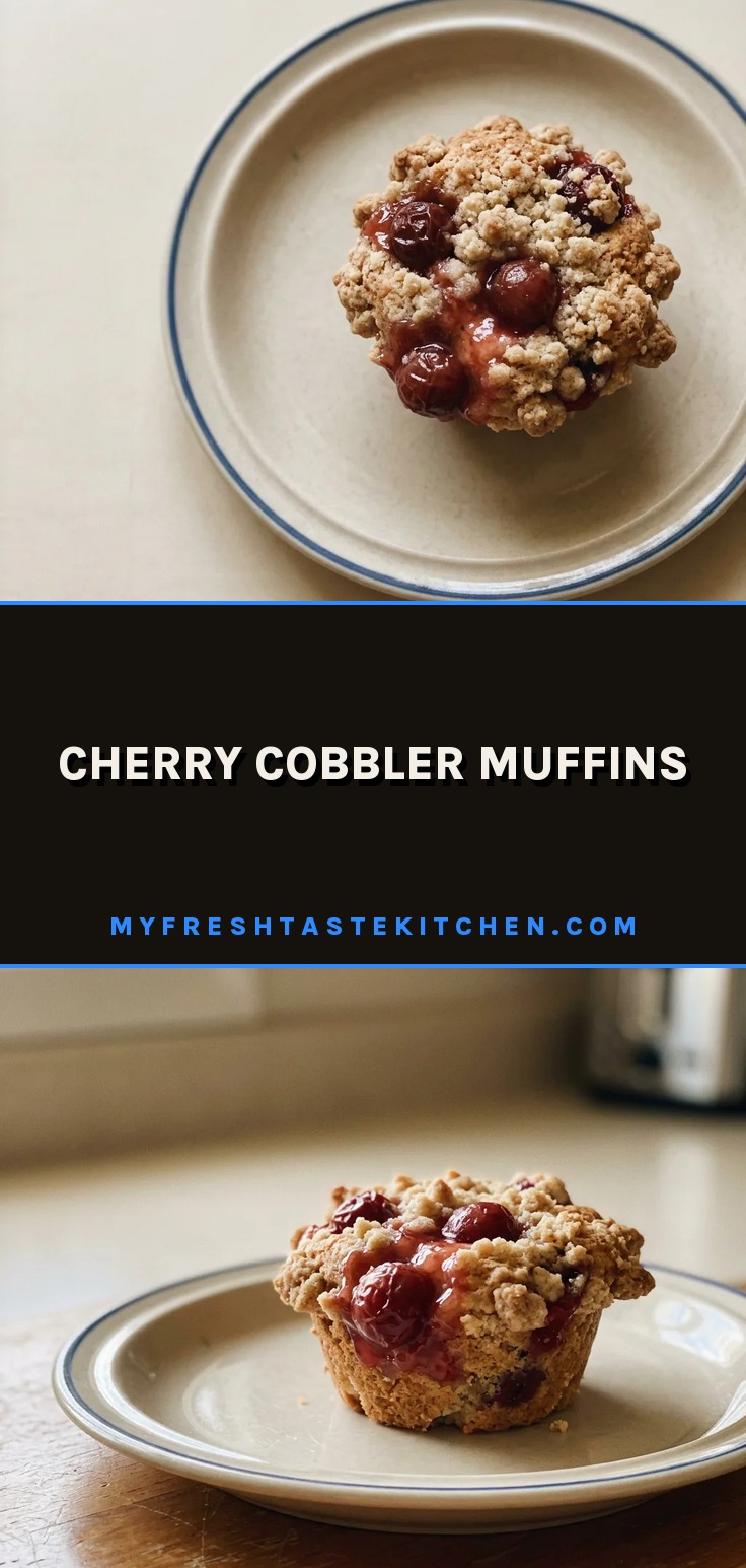 Looking down at a round muffin with a cherry filling center and a cinnamon-sugar crumb topping.