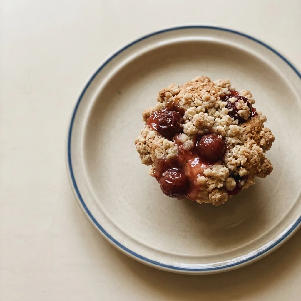 A plate of two cherry cobbler muffins with cherry pie filling oozing from the tops and cinnamon specks.
