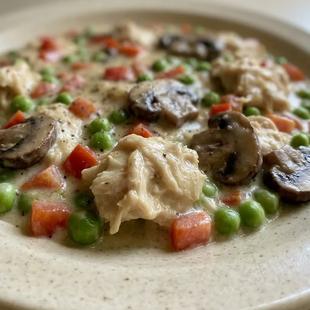 Close view of chicken a la King with visible chunks of chicken, sliced mushrooms, peas, and pimientos.