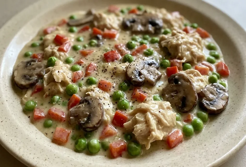 Overhead shot of creamy chicken a la King with mushrooms, peas, and pimientos in a rich sauce.