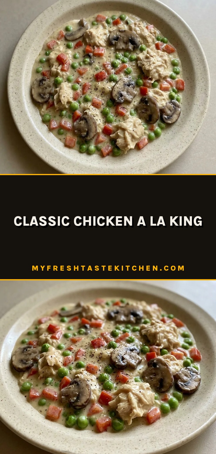 Overhead shot of creamy chicken a la King with mushrooms, peas, and pimientos in a rich sauce.