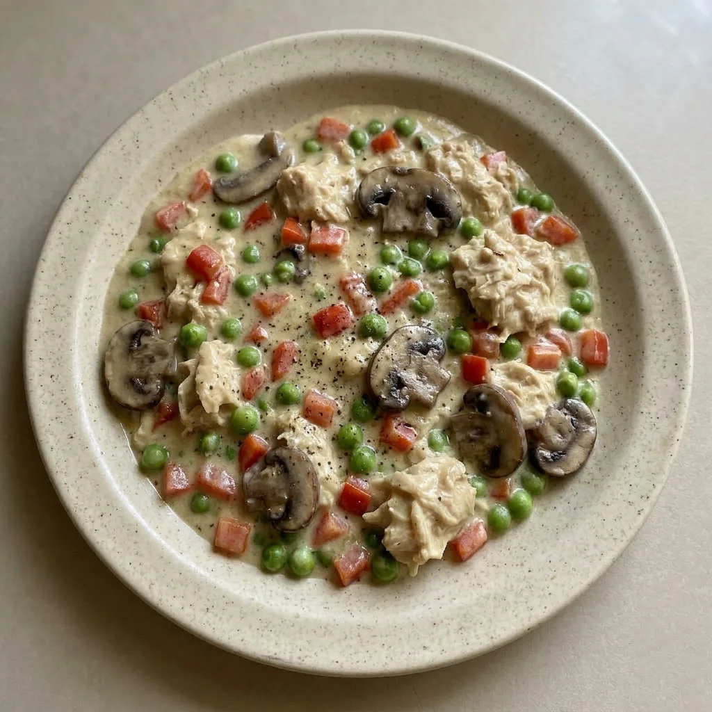 Plated chicken a la King, a creamy mixture of chicken, mushrooms, peas, and pimientos.