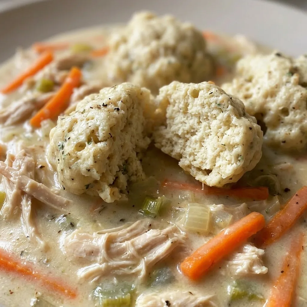 Up close, a dumpling sits atop a piece of chicken, surrounded by carrots and celery in a thick, creamy sauce.