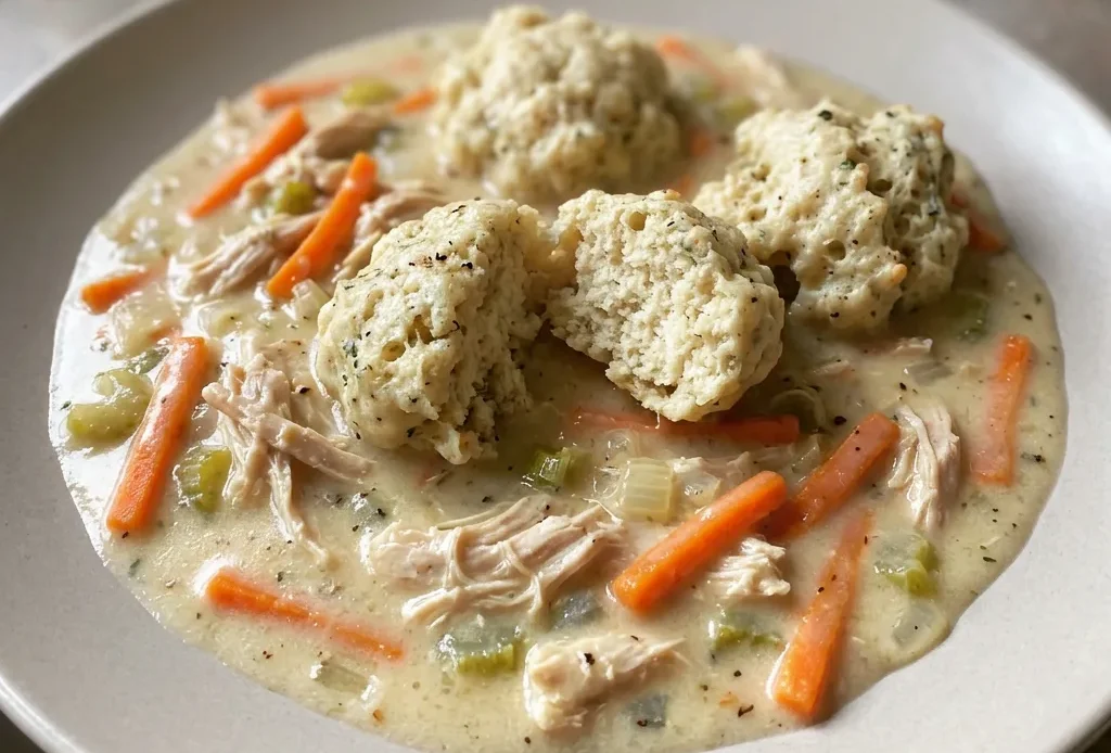 Looking down at a bowl of chicken and dumplings with carrots, celery, and thyme visible in the creamy broth.