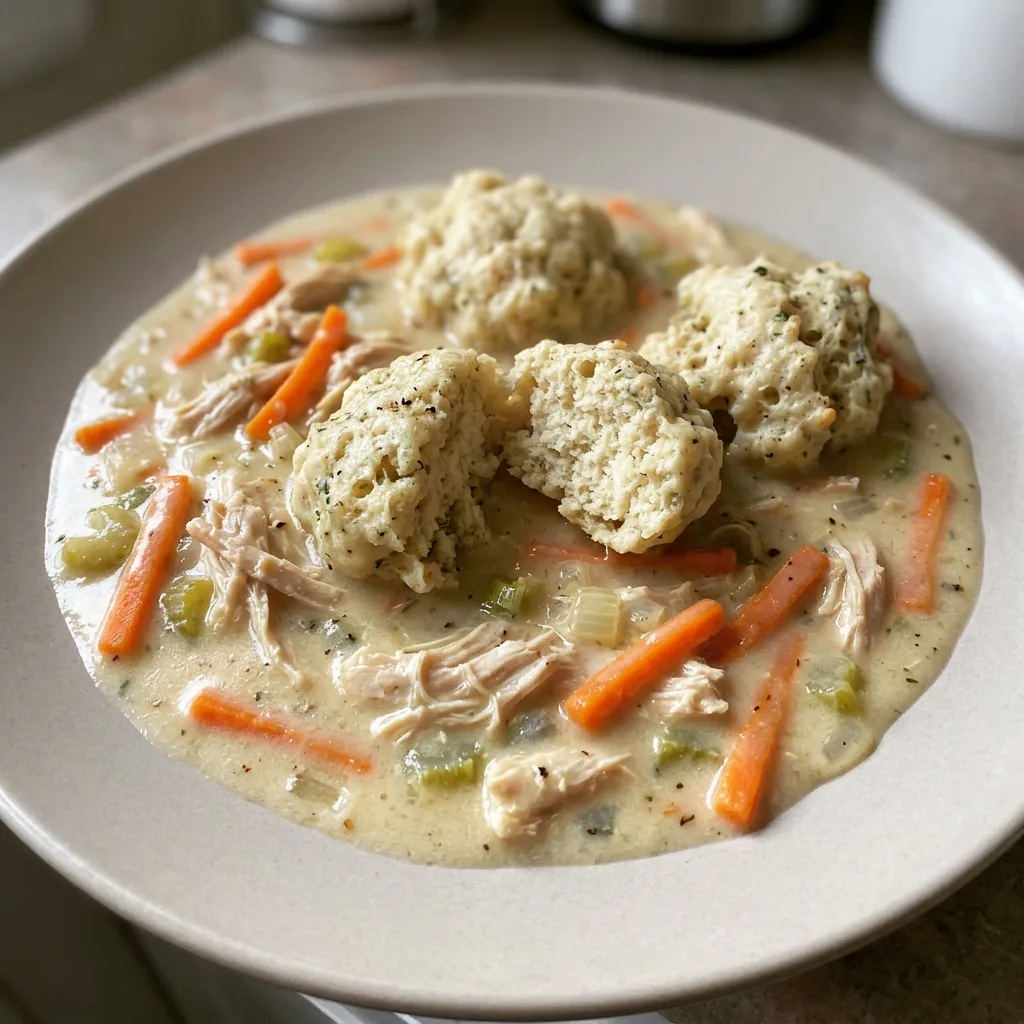 Looking down at a bowl of chicken and dumplings with carrots, celery, and thyme visible in the creamy broth.
