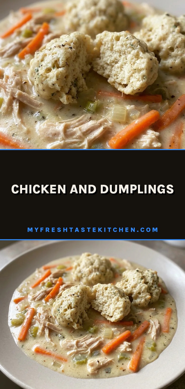 Looking down at a bowl of chicken and dumplings with carrots, celery, and thyme visible in the creamy broth.