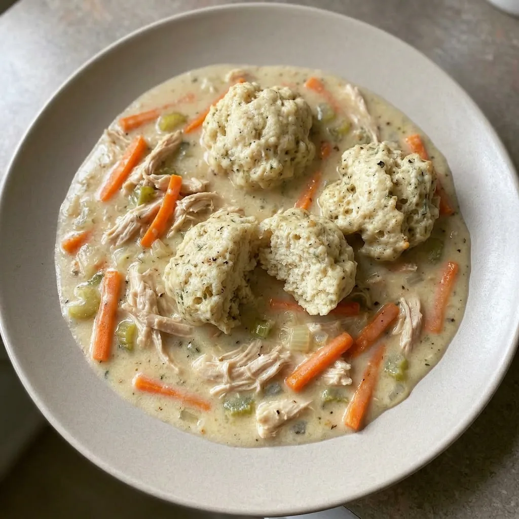 A plate of chicken and dumplings with chunks of chicken, soft dumplings, and visible carrot and celery pieces in a creamy broth.