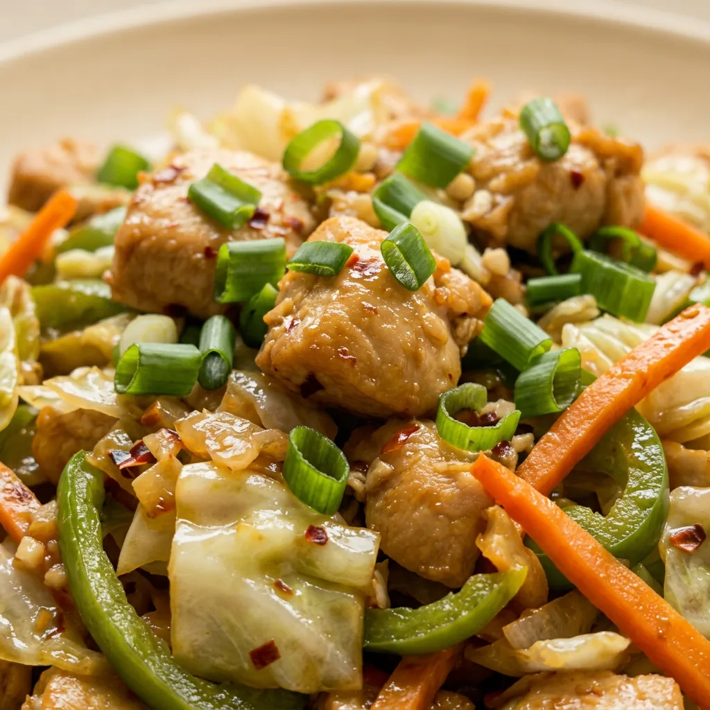 Up close, a fork lifts a piece of chicken and cabbage, showing the soy-sesame glaze and colorful vegetables.