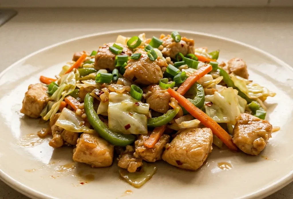Looking down at a stir-fry of chicken, cabbage, bell pepper, and carrot, glossy with soy sauce and sesame oil.