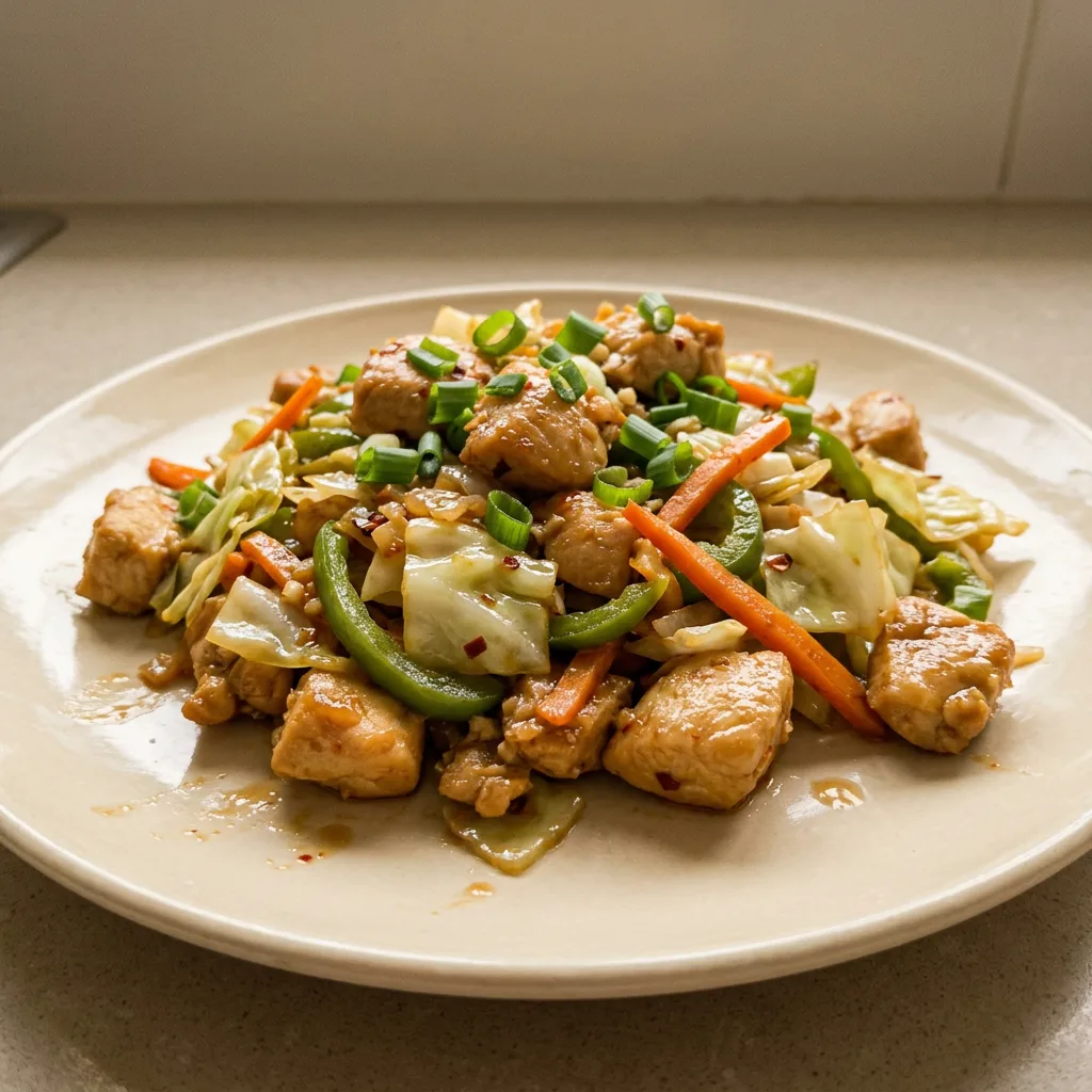 Looking down at a stir-fry of chicken, cabbage, bell pepper, and carrot, glossy with soy sauce and sesame oil.