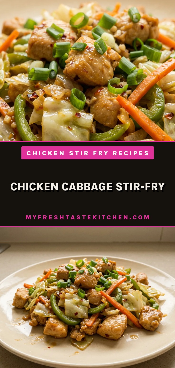 Looking down at a stir-fry of chicken, cabbage, bell pepper, and carrot, glossy with soy sauce and sesame oil.