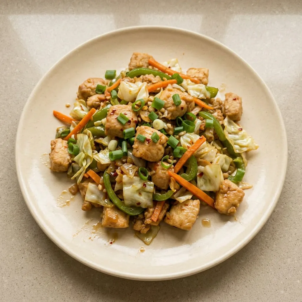 A plate of chicken cabbage stir-fry with red bell pepper and orange carrot strips, drizzled with dark soy sauce and sesame oil.