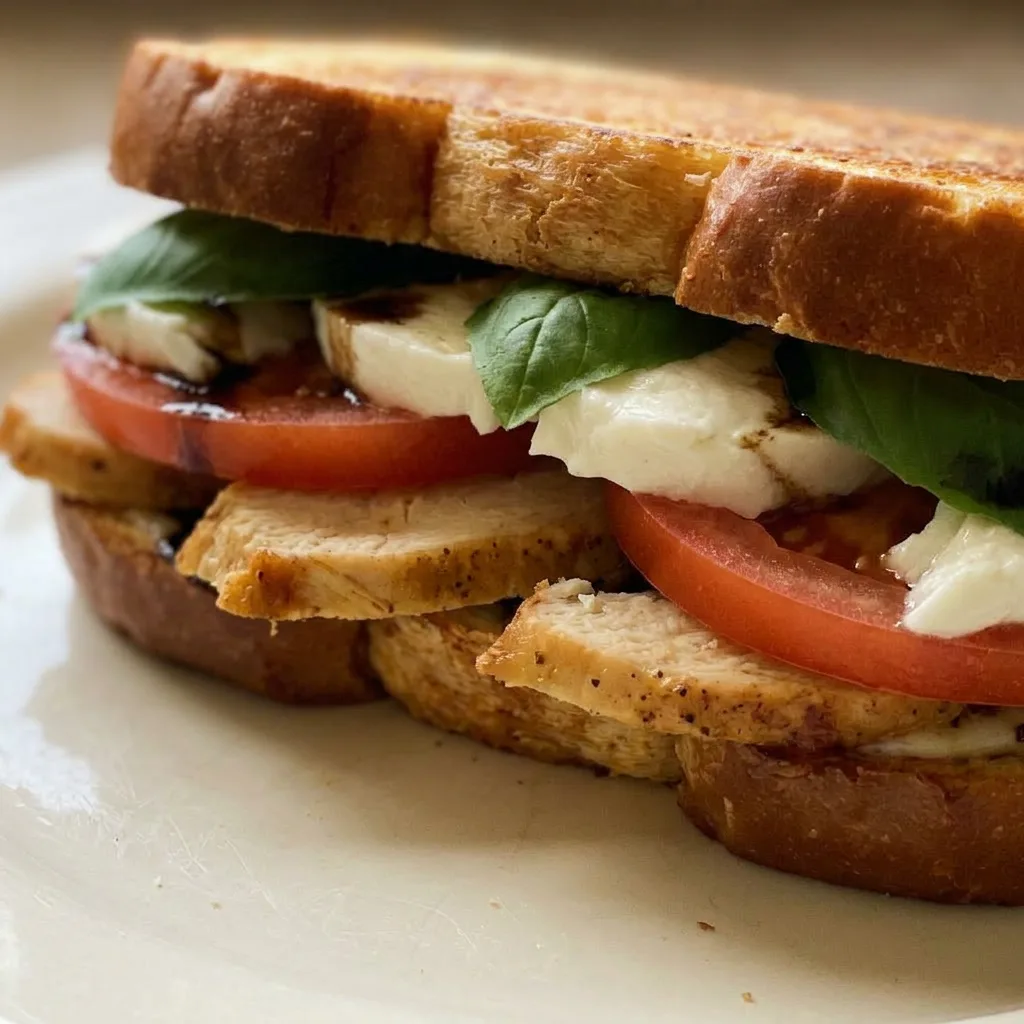 Close view of a panini with grilled chicken, melted mozzarella, tomato slices, fresh basil, and balsamic glaze.