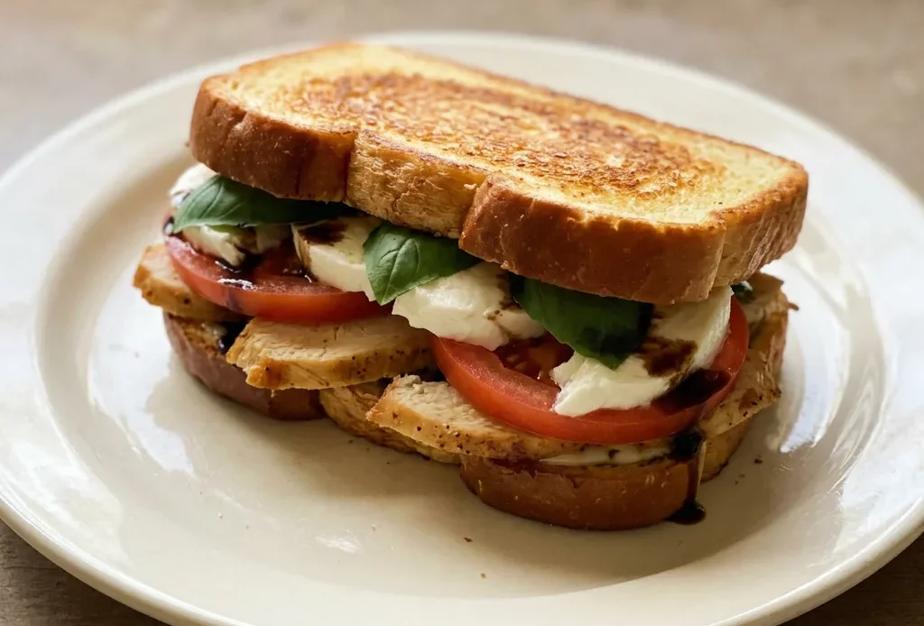 Overhead shot of a chicken caprese panini on brioche, with mozzarella, tomato, basil, and balsamic glaze.