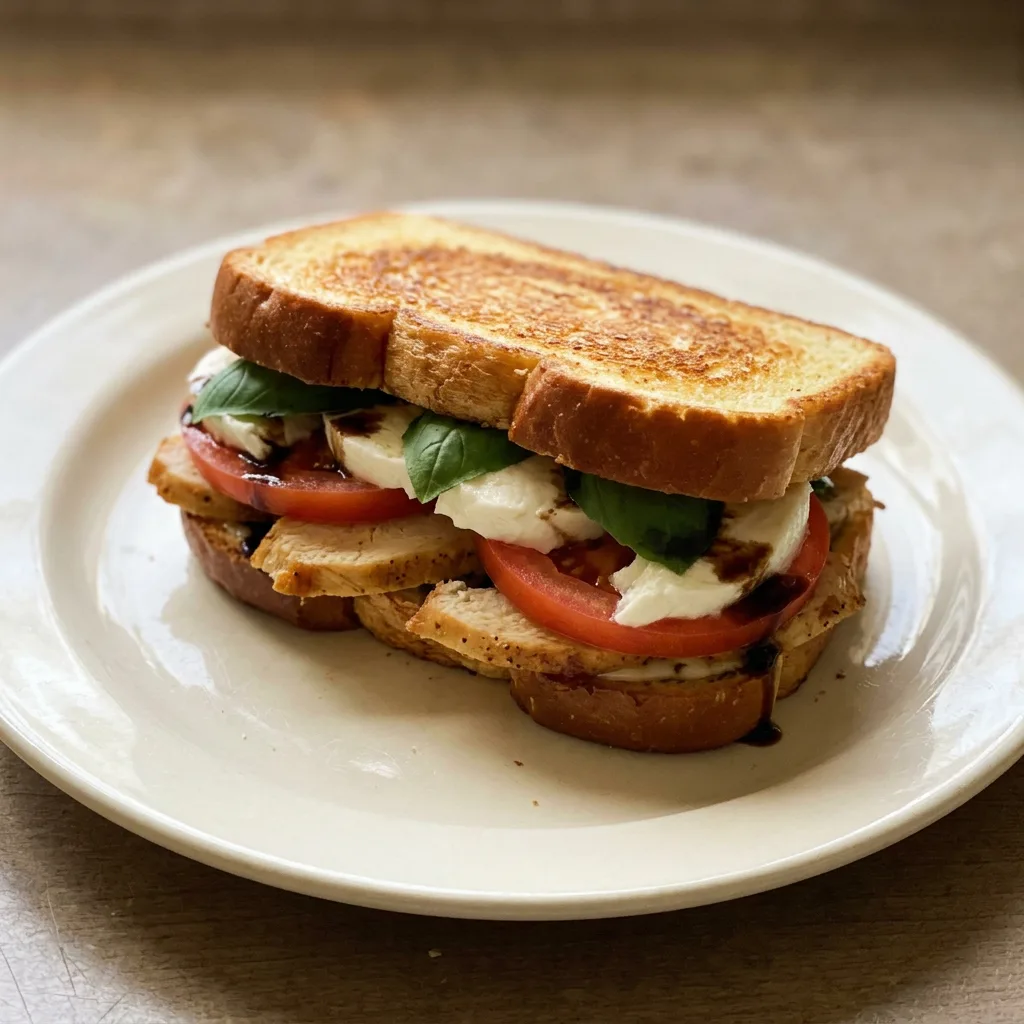 Overhead shot of a chicken caprese panini on brioche, with mozzarella, tomato, basil, and balsamic glaze.