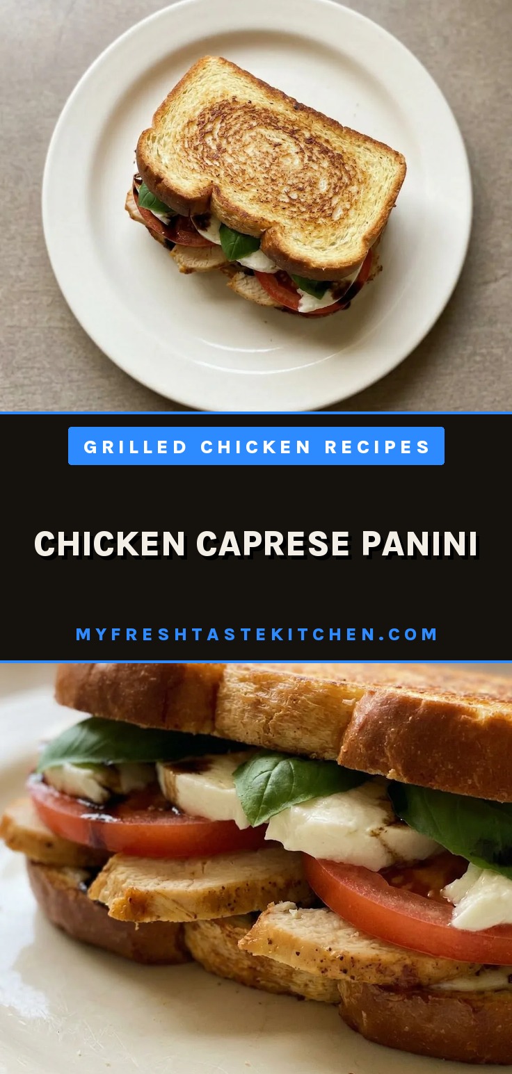 Overhead shot of a chicken caprese panini on brioche, with mozzarella, tomato, basil, and balsamic glaze.