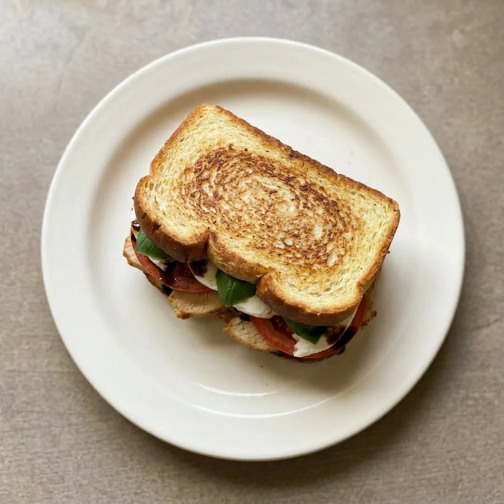 Plated panini featuring chicken, mozzarella, tomato, basil, and balsamic glaze on brioche bread.