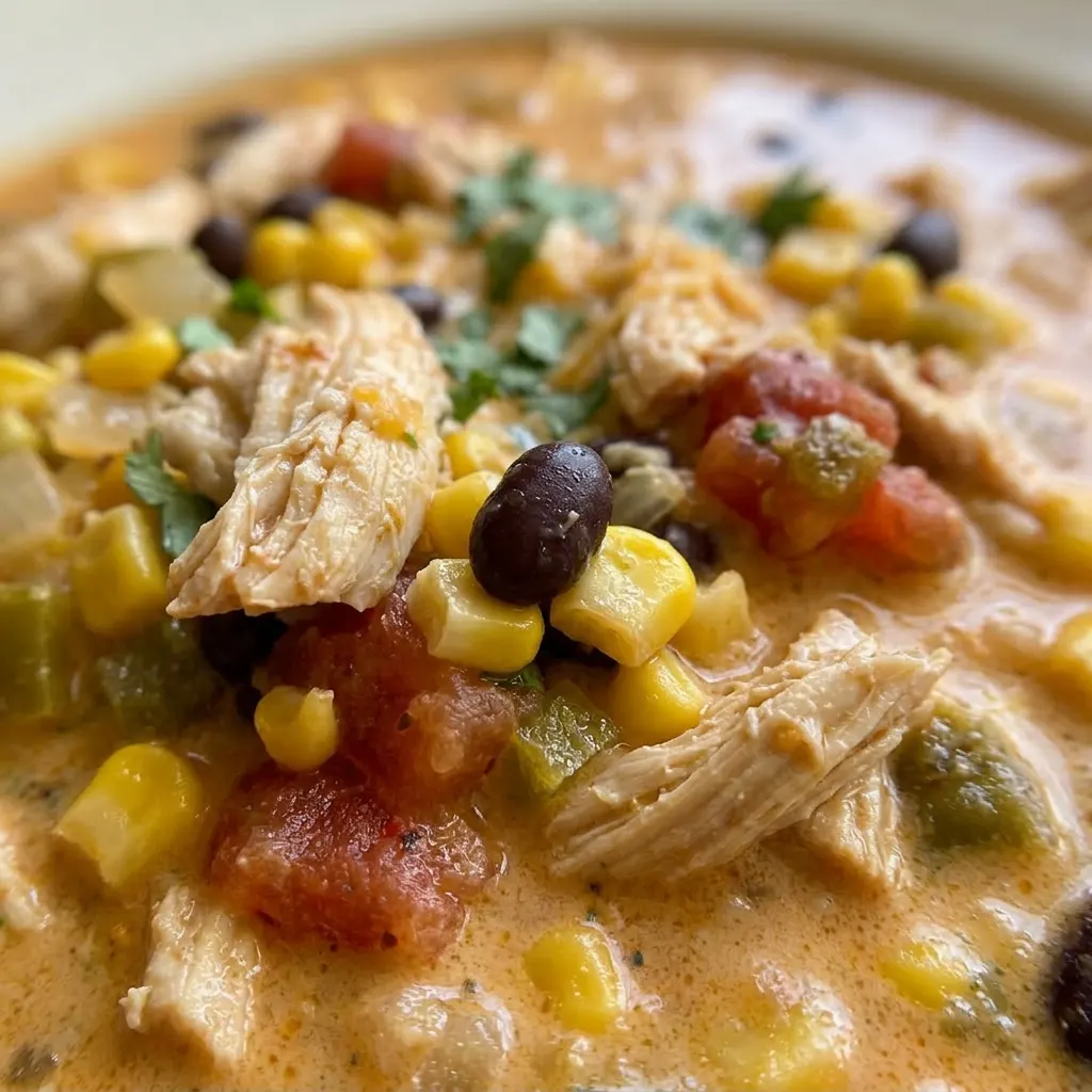 Macro detail of the soup surface showing chunks of chicken, black beans, corn, and a swirl of cream cheese with melted cheddar and Monterey Jack.