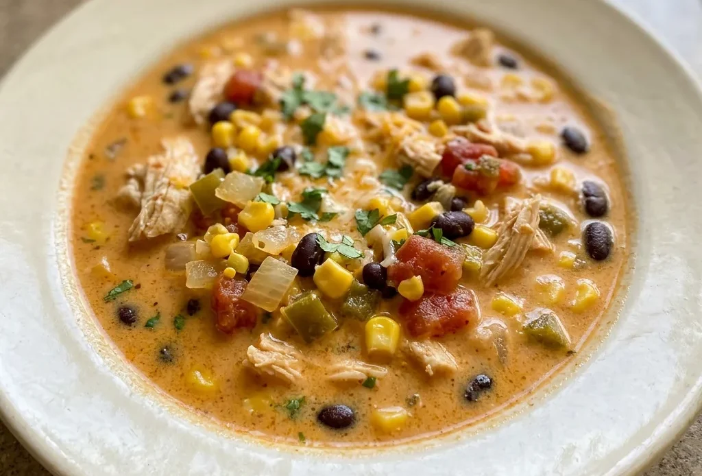 Top-down look at a bowl of chicken enchilada soup with shredded chicken, black beans, corn, and melted cheese.