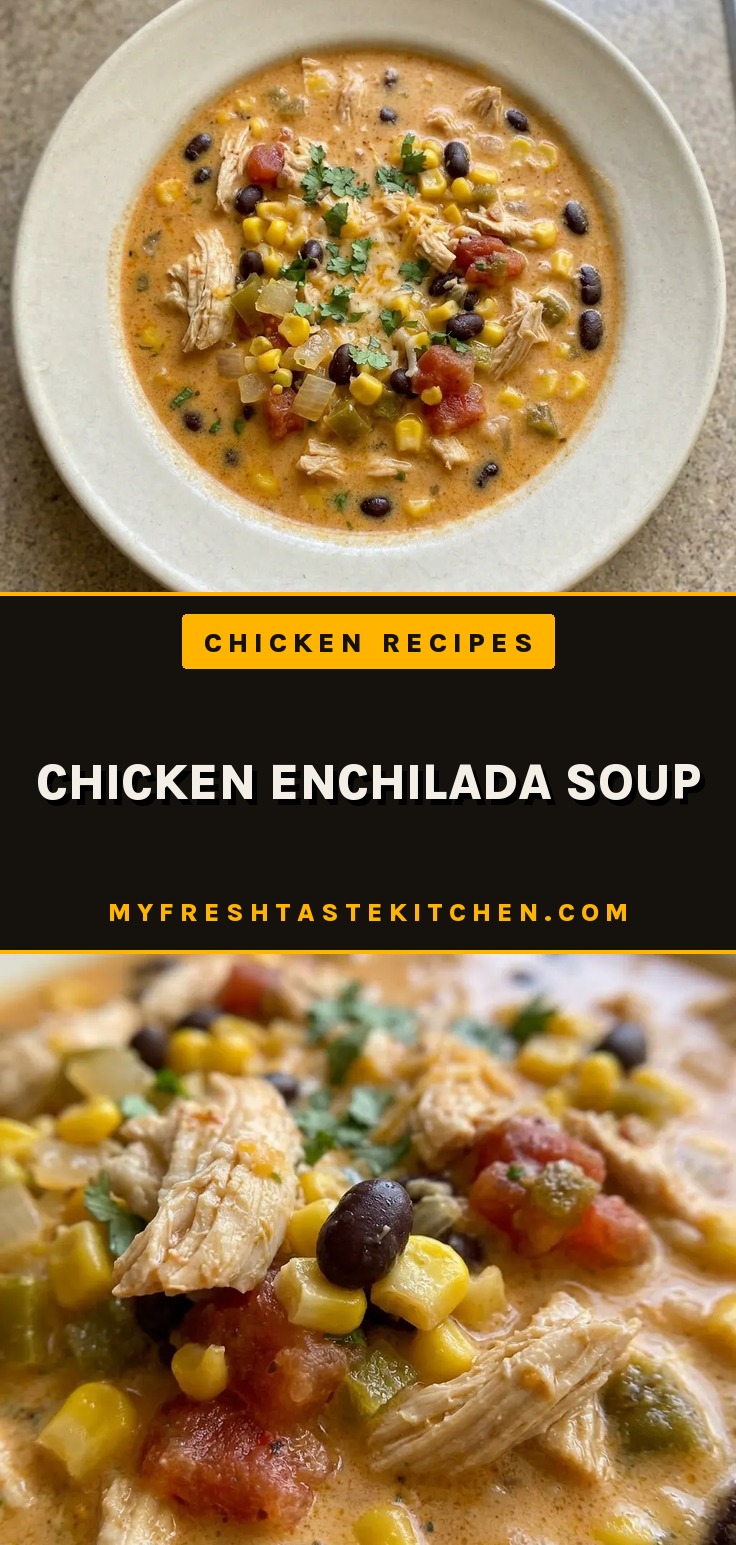 Top-down look at a bowl of chicken enchilada soup with shredded chicken, black beans, corn, and melted cheese.