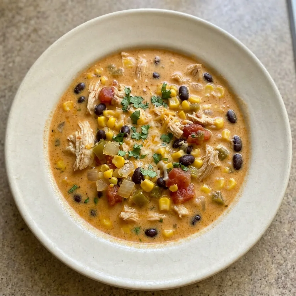 A serving of chicken enchilada soup in a white bowl, topped with shredded chicken, black beans, corn, and a layer of melted cheddar and Monterey Jack cheese.
