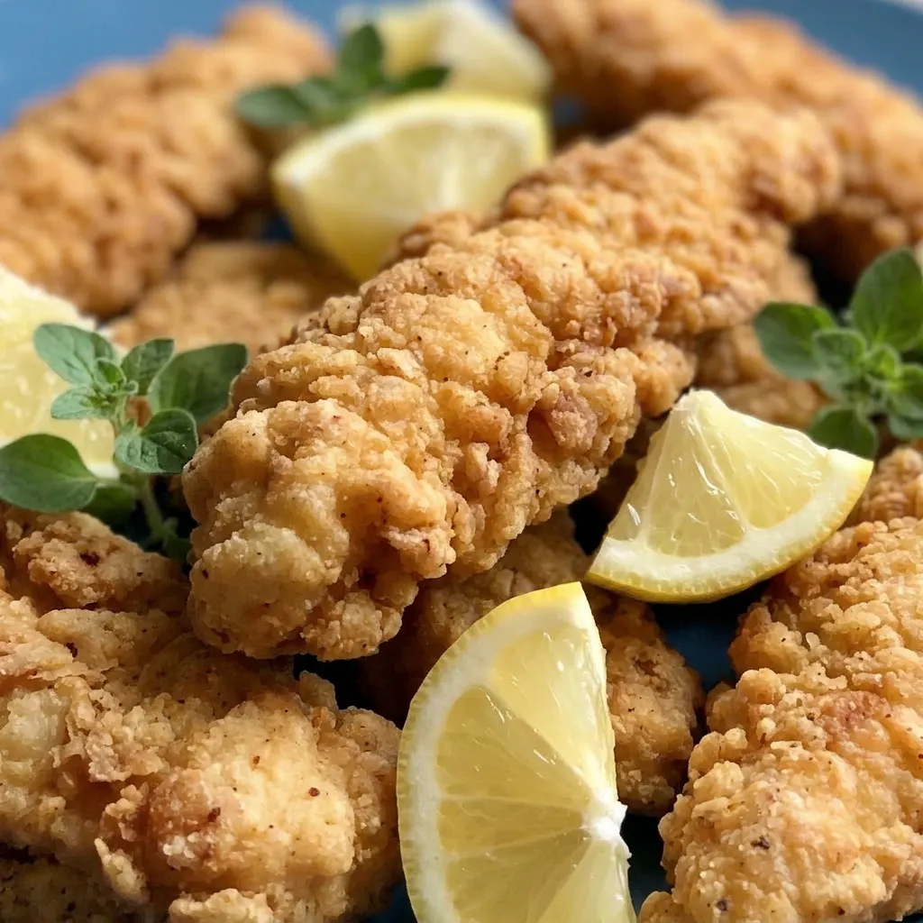 Zoomed in on a crispy chicken finger with a side of honey mustard and hot sauce, garnished with a lemon slice and a dash of cayenne.