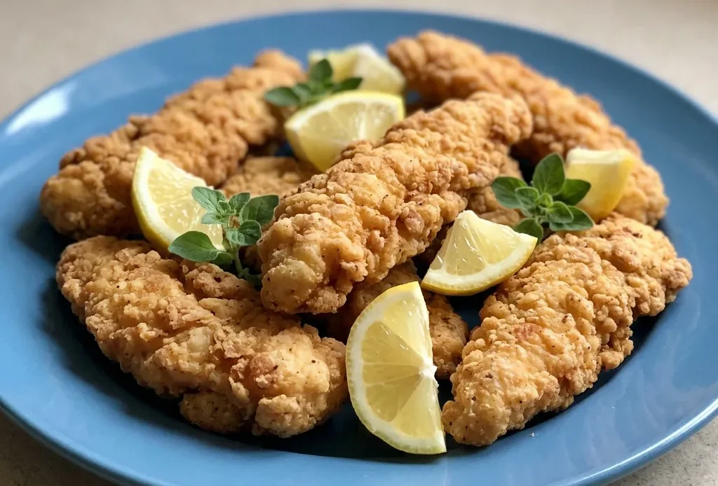 Bird's-eye view of golden chicken fingers arranged in a row, drizzled with honey mustard and ketchup, with lemon wedges and a sprinkle of paprika.