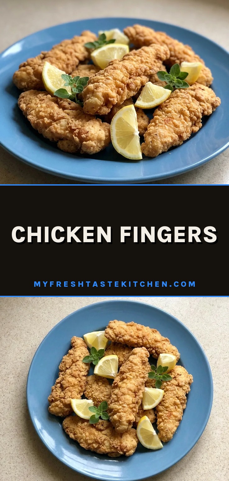 Bird's-eye view of golden chicken fingers arranged in a row, drizzled with honey mustard and ketchup, with lemon wedges and a sprinkle of paprika.