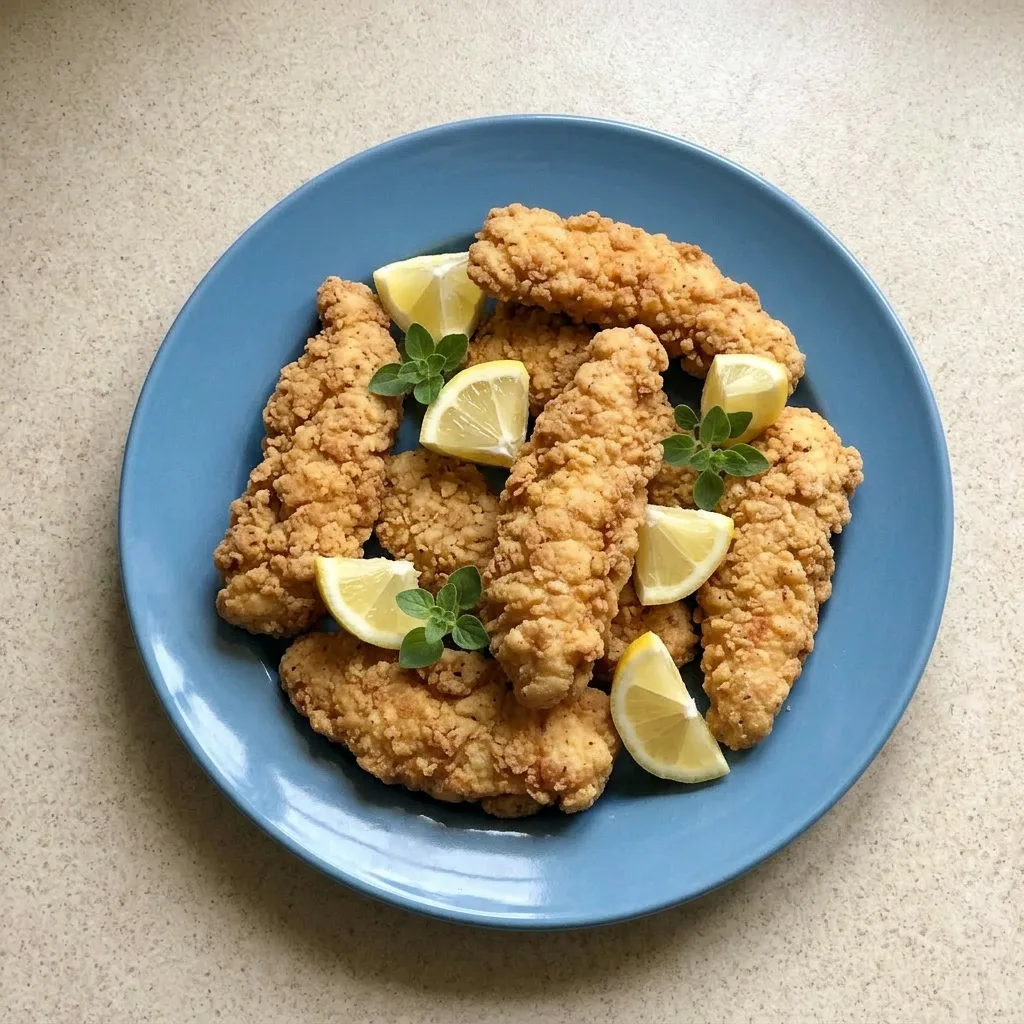 Ready to serve: chicken fingers with honey mustard, ketchup, and hot sauce dips, accompanied by lemon wedges and a dusting of paprika.