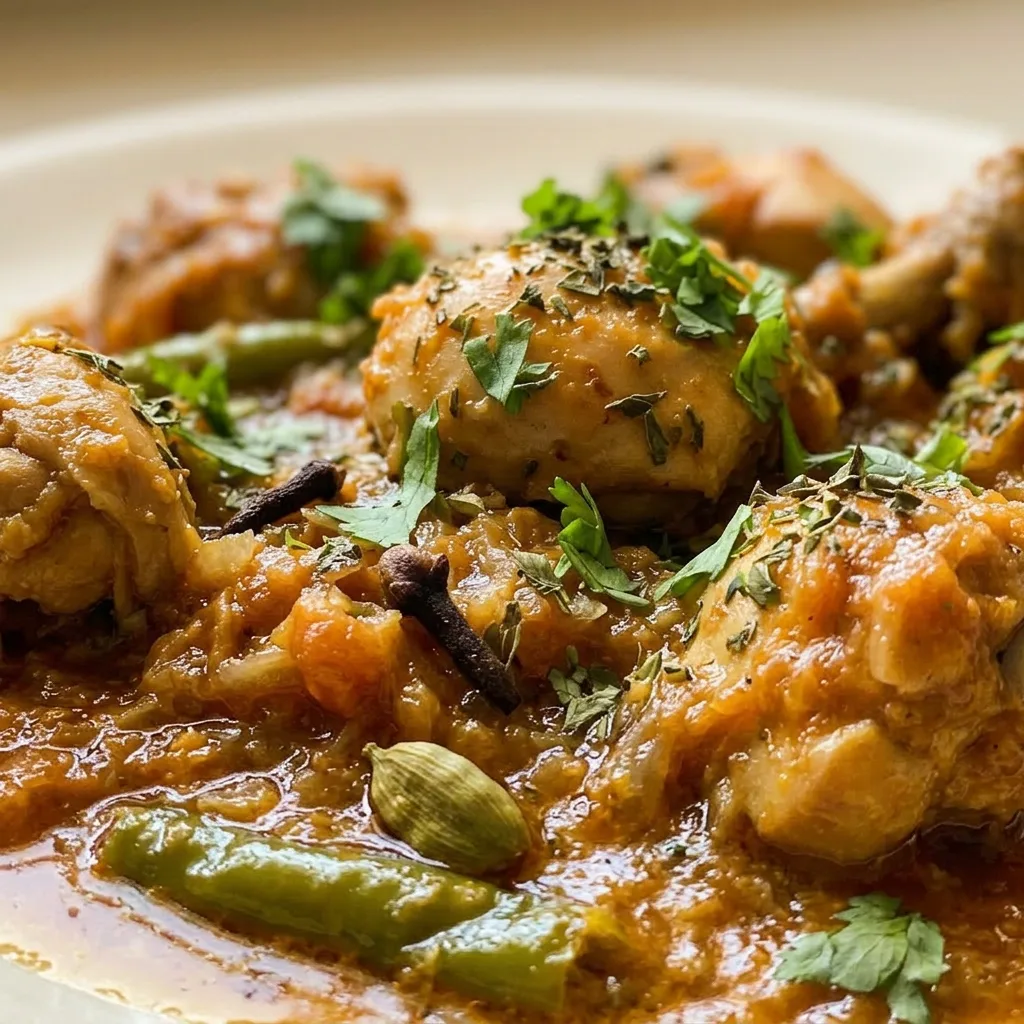 Zoomed in on a chicken thigh coated in thick, spiced yogurt-cream gravy, with visible tomato chunks and dried fenugreek leaves.