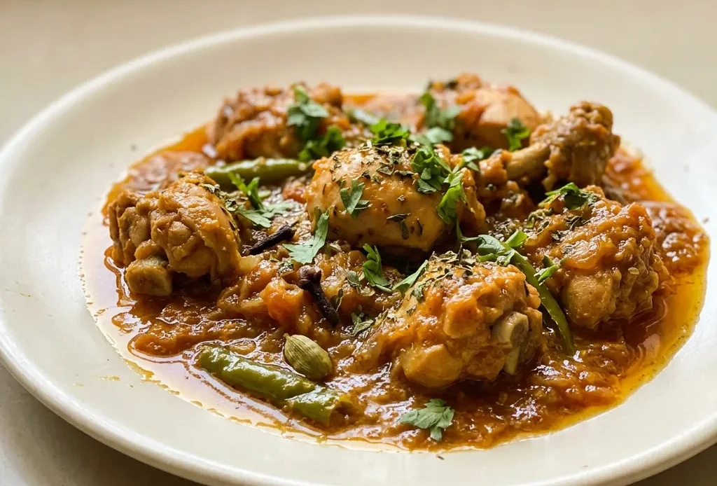 Bird's-eye view of chicken pieces in creamy tomato sauce, topped with yogurt swirl, fresh coriander, and kasuri methi.