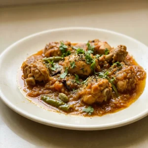 Bird's-eye view of chicken pieces in creamy tomato sauce, topped with yogurt swirl, fresh coriander, and kasuri methi.