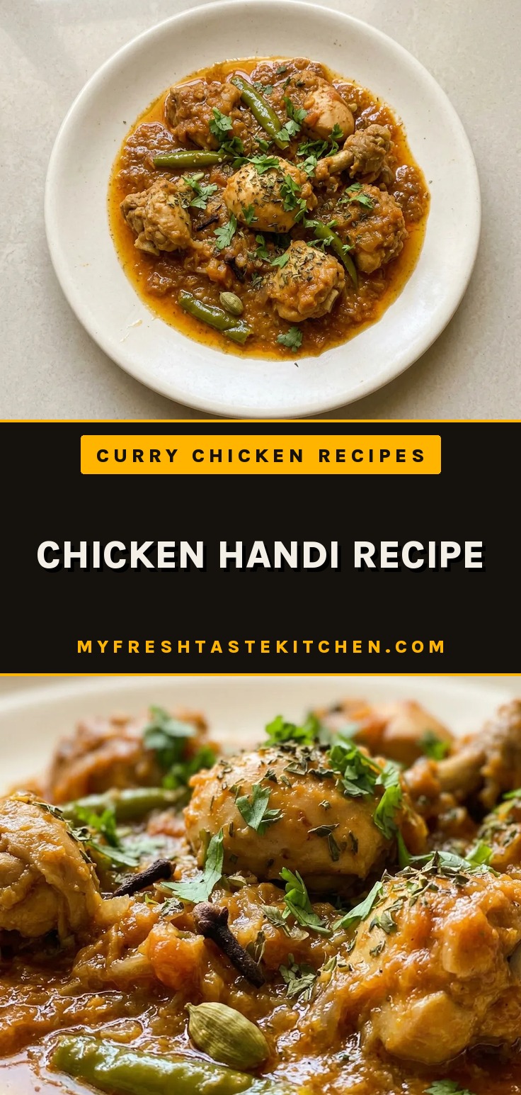 Bird's-eye view of chicken pieces in creamy tomato sauce, topped with yogurt swirl, fresh coriander, and kasuri methi.