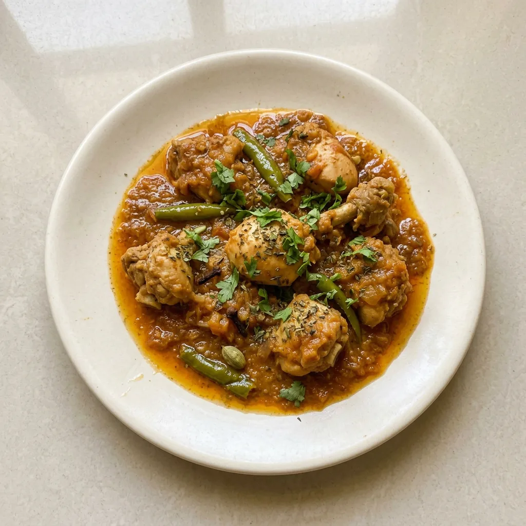 Ready to serve: chicken handi with chunks of chicken and onion in a rich, reddish-brown gravy, garnished with cream and coriander.