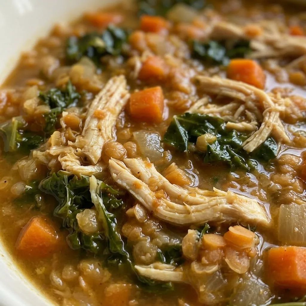 Macro detail of soup showing lentils, chicken shreds, carrot chunks, and kale leaves in a turmeric-golden broth.