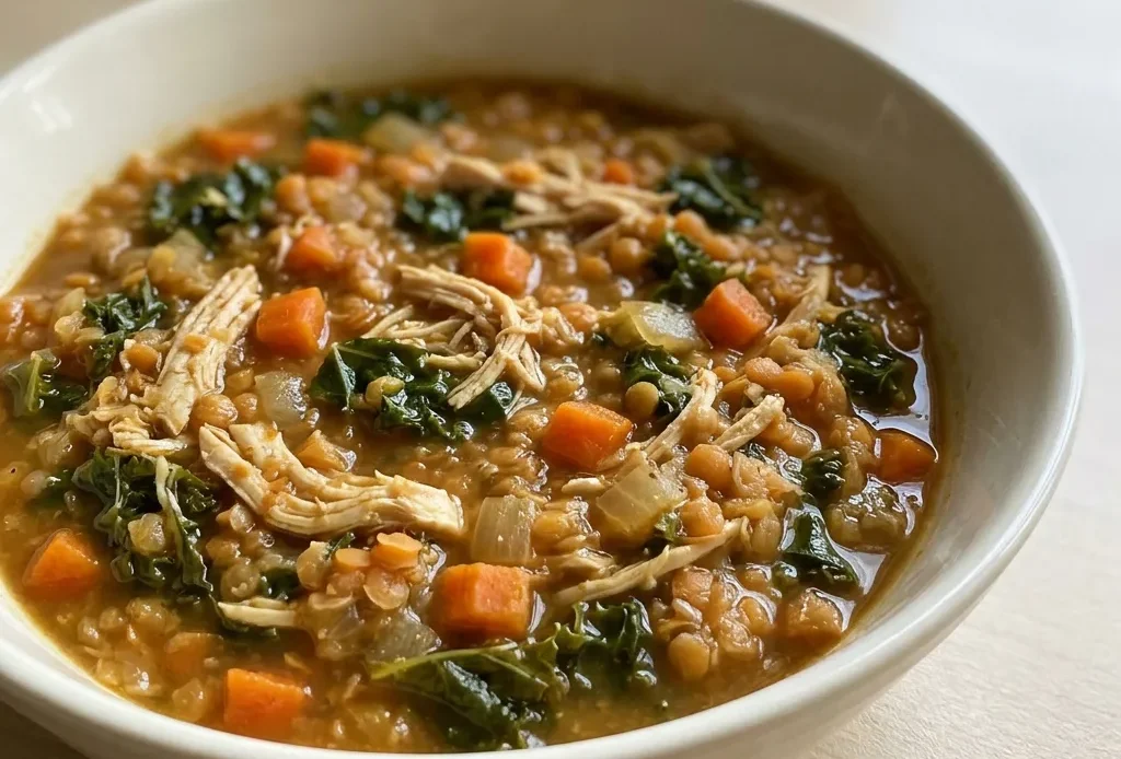 Top-down look at a bowl of chicken lentil soup with red lentils, shredded chicken, and kale in a spiced broth.
