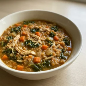 Top-down look at a bowl of chicken lentil soup with red lentils, shredded chicken, and kale in a spiced broth.