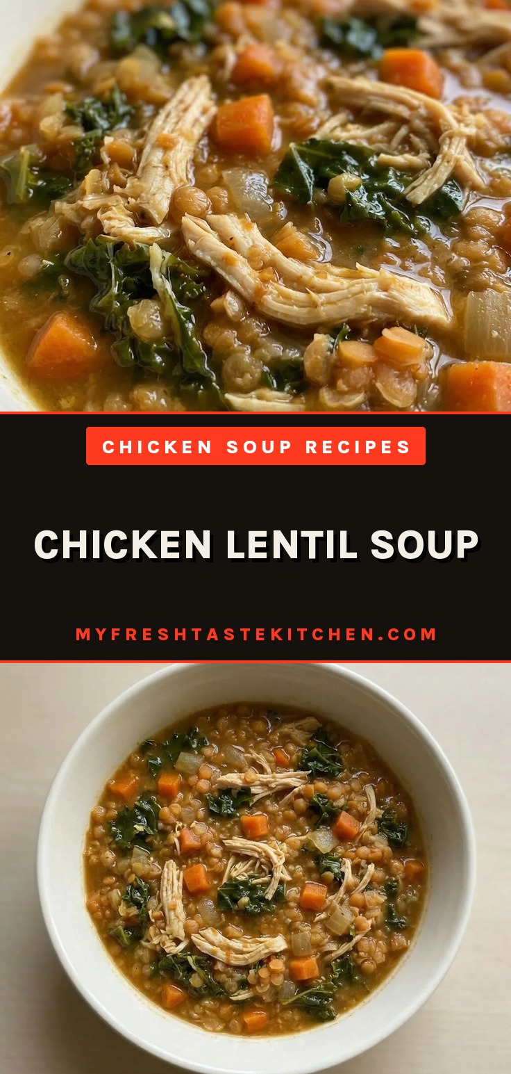 Top-down look at a bowl of chicken lentil soup with red lentils, shredded chicken, and kale in a spiced broth.