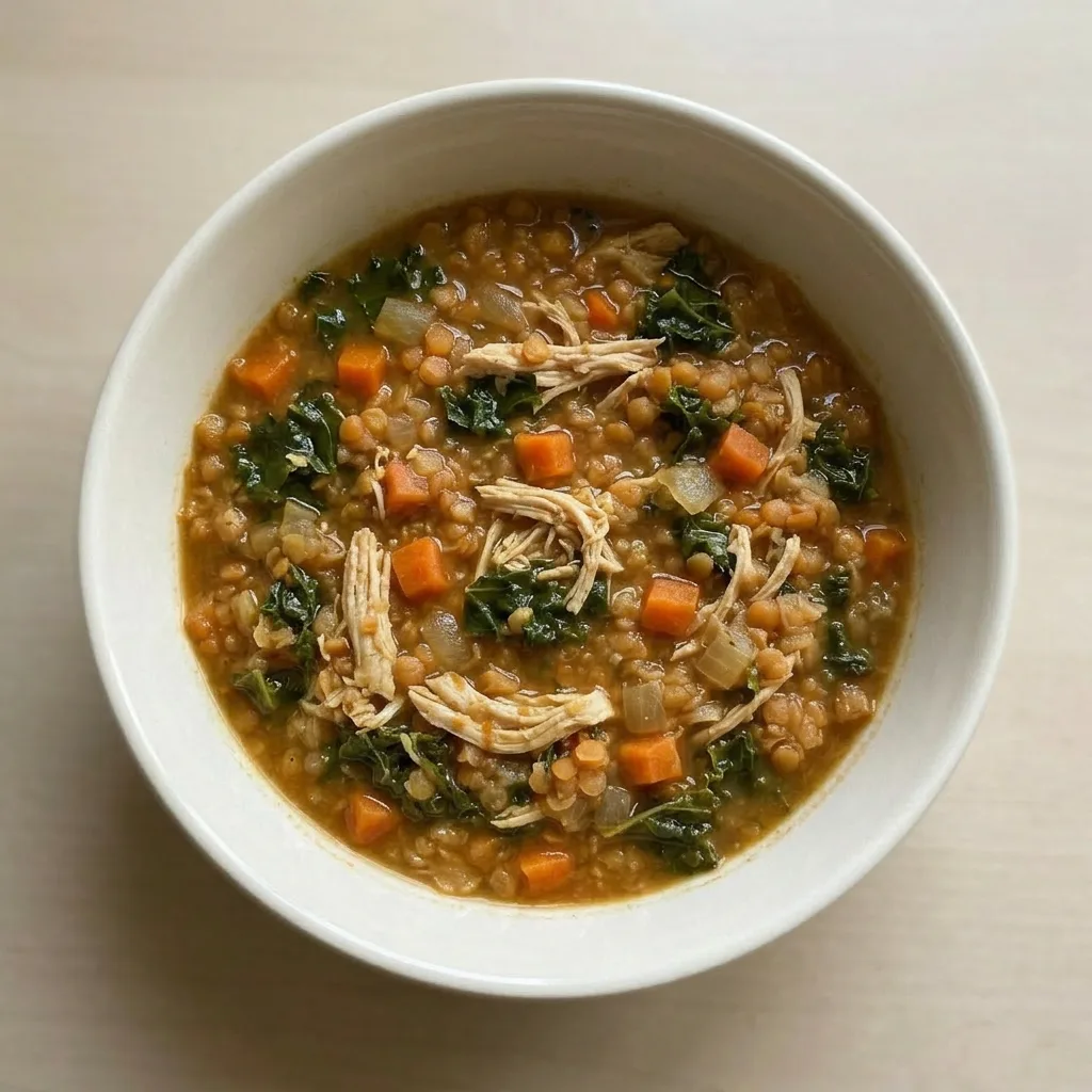 A serving of chicken lentil soup with visible red lentils, chicken, carrots, and kale, garnished with a sprinkle of cumin.