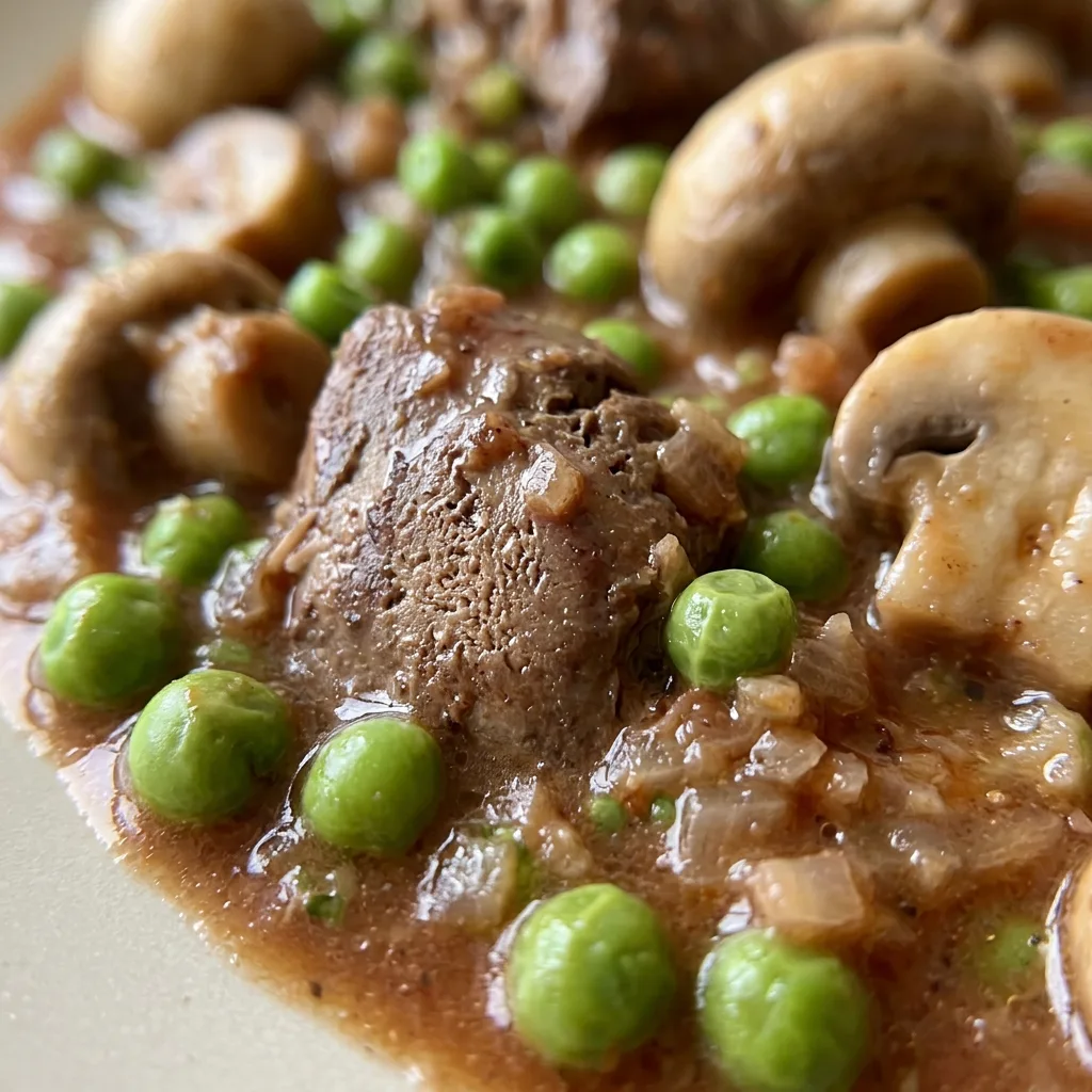 Up close, a fork holds a piece of chicken liver with mushrooms and peas, coated in glossy red wine sauce.
