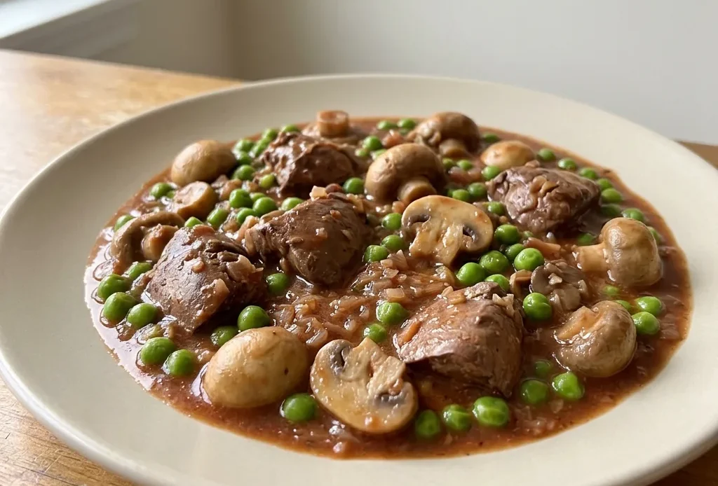 Looking down at a dark stew with chicken livers, mushrooms, and peas in a red wine sauce.